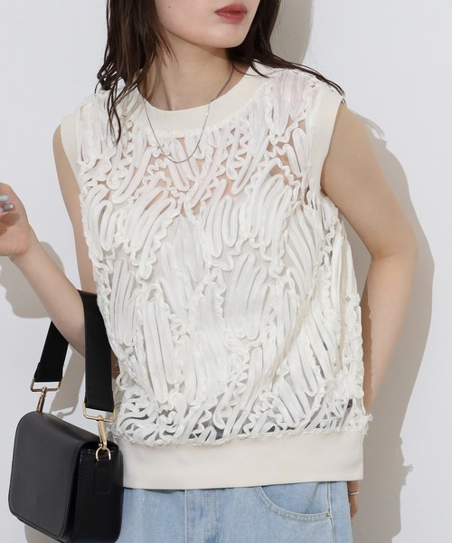 tシャツ BRODIAEA 「アンサンブル対応」立体レースシアーノースリーブトップス レディース セール】BRODIAEA 【アンサンブル対応】立体レースシアー
