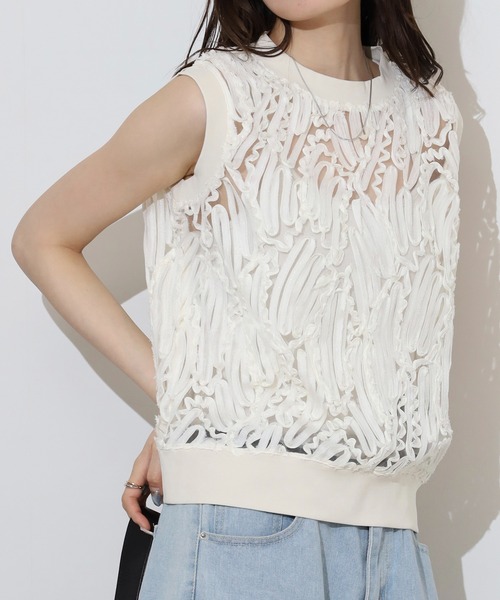 BRODIAEA(ブローディア)の「BRODIAEA 【アンサンブル対応】立体レースシアーノースリーブトップス(Tシャツ/カットソー・レディース・ブラック/アイボリー/オフホワイト・40)」の9枚目の写真