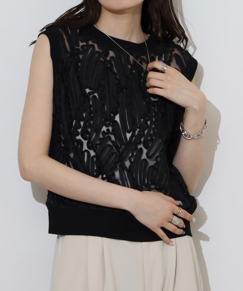 BRODIAEA(ブローディア)の「BRODIAEA 【アンサンブル対応】立体レースシアーノースリーブトップス(Tシャツ/カットソー・レディース・ブラック/アイボリー/オフホワイト・40)」の14枚目の写真