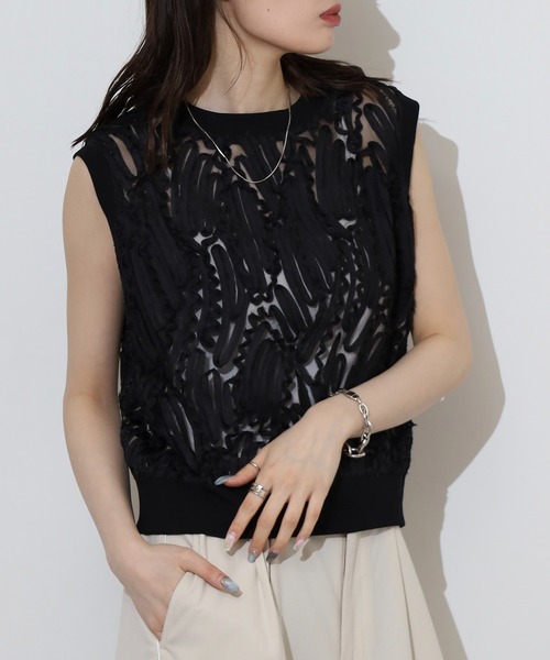 BRODIAEA(ブローディア)の「BRODIAEA 【アンサンブル対応】立体レースシアーノースリーブトップス(Tシャツ/カットソー・レディース・ブラック/アイボリー/オフホワイト・40)」の8枚目の写真
