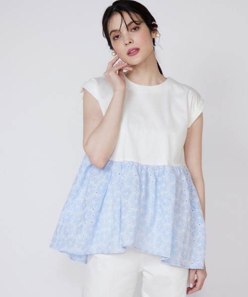 Maglie le cassetto(マーリエ ル カセット)の「刺繍レースドッキングカットソー(Tシャツ/カットソー・レディース・ホワイト/ブルー/ホワイト系その他/ブルー系その他・7号/9号)」の4枚目の写真