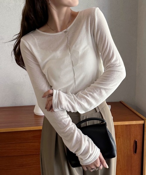 Eclat one(エクラワン)の「【Eclat one】袖口シャーリング シアー カットソー(Tシャツ/カットソー・レディース・ブラック/オフホワイト/チャコールグレー・M)」の14枚目の写真