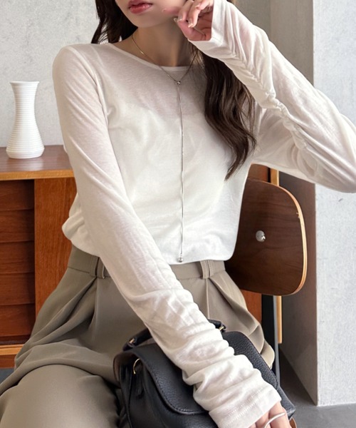 Eclat one(エクラワン)の「【Eclat one】袖口シャーリング シアー カットソー(Tシャツ/カットソー・レディース・ブラック/オフホワイト/チャコールグレー・M)」の15枚目の写真