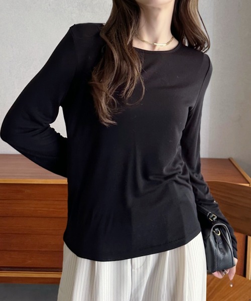 Eclat one(エクラワン)の「【Eclat one】袖口シャーリング シアー カットソー(Tシャツ/カットソー・レディース・ブラック/オフホワイト/チャコールグレー・M)」の5枚目の写真