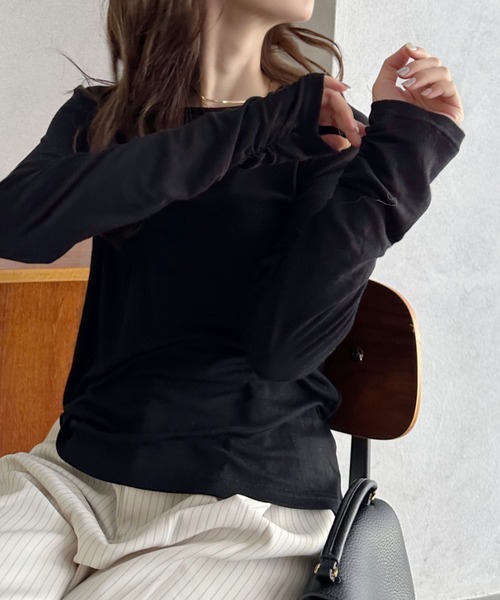 Eclat one(エクラワン)の「【Eclat one】袖口シャーリング シアー カットソー(Tシャツ/カットソー・レディース・ブラック/オフホワイト/チャコールグレー・M)」の7枚目の写真