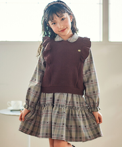 SLAP SLIP（スラップスリップ）の「【お揃い】チェック花柄コーデュロイワンピース+ニットベスト2点セット(80~130cm)（ワンピース・キッズ・ホワイト系その他2/ブラック系その他・110cm/90cm/80ｃｍ/100cm/120cm/130cm）」の2枚目の写真