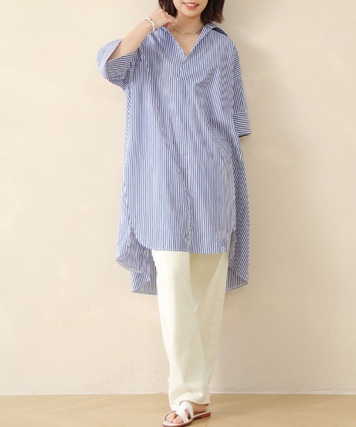 ONEP STAR(ワンピスター)の「ストライプロングシャツワンピース(シャツ/ブラウス・レディース・ブルー/ライトブルー/ブラック・FREE)」の10枚目の写真
