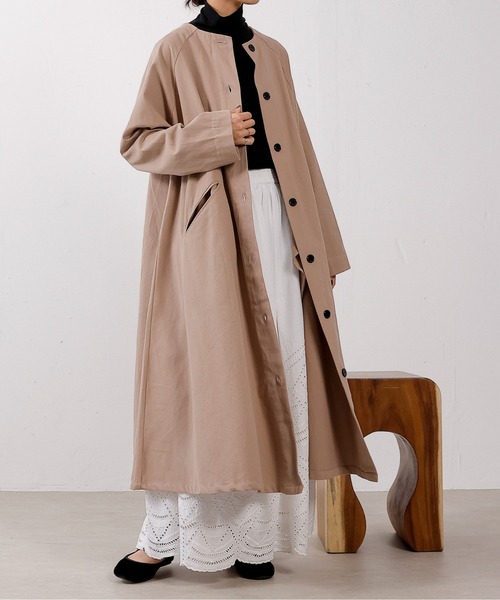 セール】ツイルバンドカラーロングコート（ノーカラーコート
