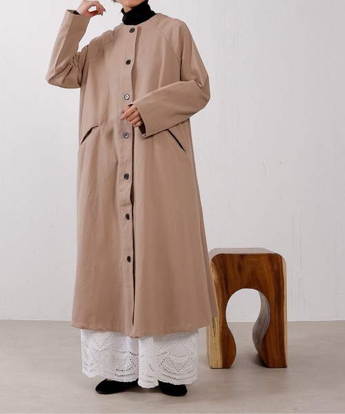 ツイルバンドカラーロングコート（ノーカラーコート）｜emesuelee