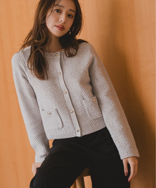 セール】2025秋冬新作 ツイード編みニットジャケット（ノーカラー