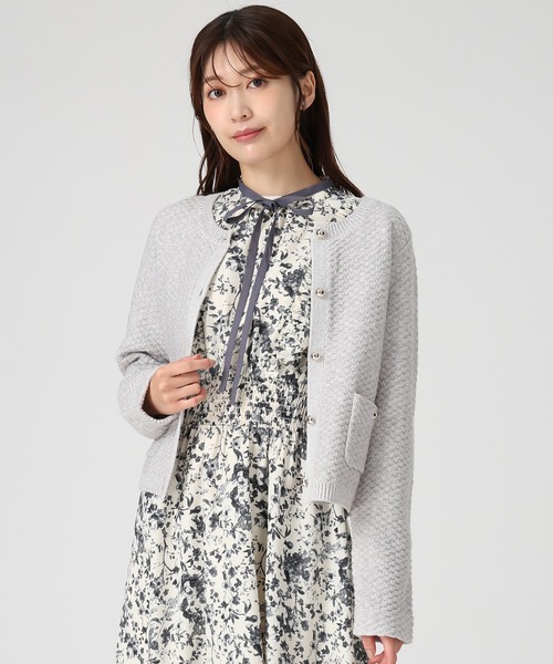 セール】2025秋冬新作 ツイード編みニットジャケット（ノーカラー