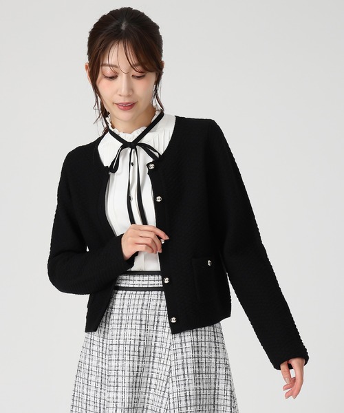 セール】2025秋冬新作 ツイード編みニットジャケット（ノーカラー