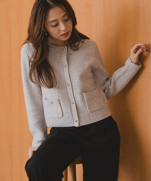 セール】2025秋冬新作 ツイード編みニットジャケット（ノーカラー