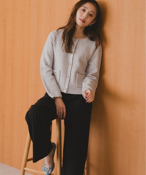 セール】2025秋冬新作 ツイード編みニットジャケット（ノーカラー