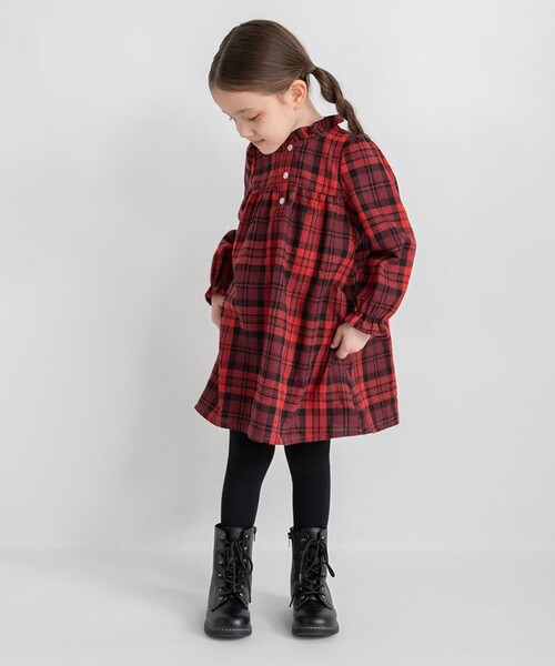 BRANSHES（ブランシェス）の「チェック柄ワンピース（ワンピース・キッズ・レッド/ブラウン・140/150/130/80/100/90/110/120）」の4枚目の写真