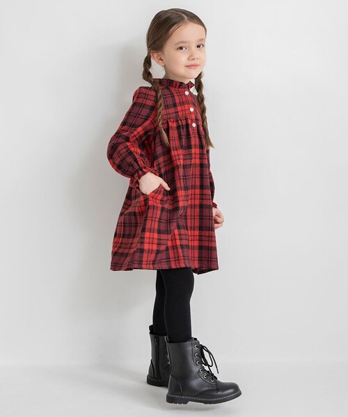 BRANSHES（ブランシェス）の「チェック柄ワンピース（ワンピース・キッズ・レッド/ブラウン・140/150/130/80/100/90/110/120）」の5枚目の写真