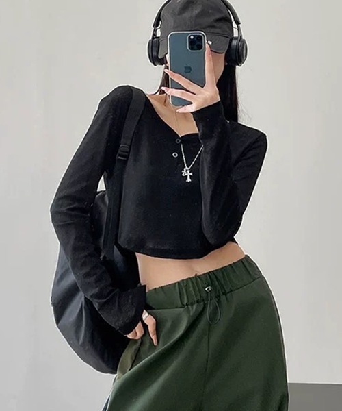 VIBGYOR(ヴィブジョー)の「【EIZZ/アイズ】ヘンリーネック クロップド シアー ロンT(Tシャツ/カットソー・レディース・ホワイト/ブラック・FREE)」の9枚目の写真