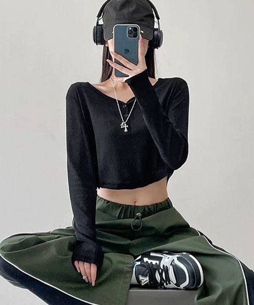 VIBGYOR(ヴィブジョー)の「【EIZZ/アイズ】ヘンリーネック クロップド シアー ロンT(Tシャツ/カットソー・レディース・ホワイト/ブラック・FREE)」の10枚目の写真