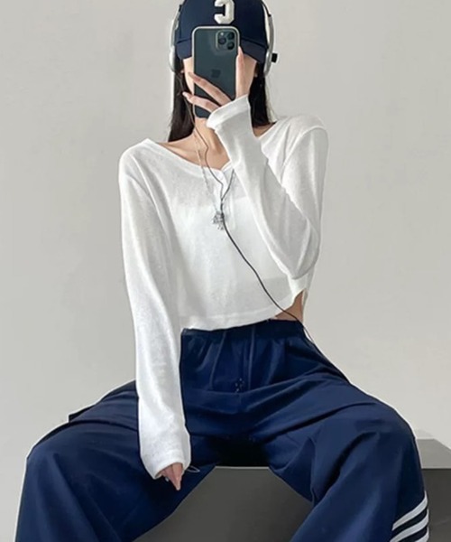 VIBGYOR(ヴィブジョー)の「【EIZZ/アイズ】ヘンリーネック クロップド シアー ロンT(Tシャツ/カットソー・レディース・ホワイト/ブラック・FREE)」の5枚目の写真