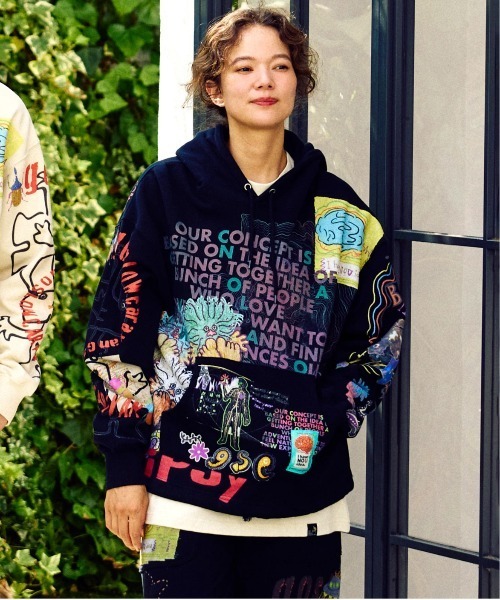 空紡糸裏毛 落描きMIX ヘムスピンドルBOXフーディー（パーカー）｜go