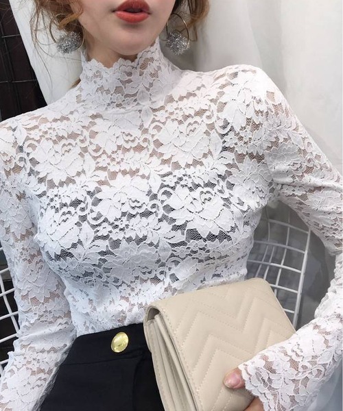 INASTUDIOS(イーナストゥディオス)の「花柄総レース ハイネック カットソー レディース(Tシャツ/カットソー・レディース・ネイビー/ダークグリーン/グリーン/ピンク/レッド/ホワイト/アイボリー/ブラック・FREE)」の10枚目の写真