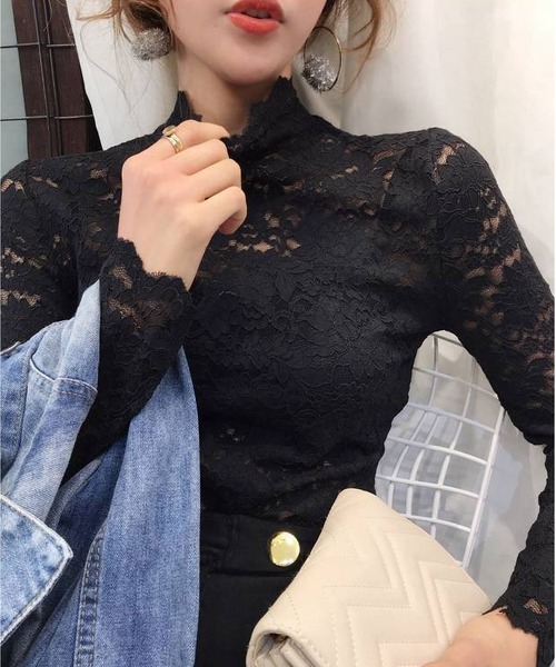 INASTUDIOS(イーナストゥディオス)の「花柄総レース ハイネック カットソー レディース(Tシャツ/カットソー・レディース・ネイビー/ダークグリーン/グリーン/ピンク/レッド/ホワイト/アイボリー/ブラック・FREE)」の13枚目の写真