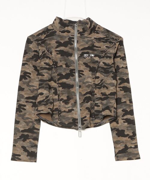 .KOM(ドットコム)の「A'GEM/9 × .kom 『.kom/ドットケーオーエム』Studded Camo Cropped Zip Top/Y2K スタッズカモクロップドジップトップス(その他トップス・レディース・チャコールグレー/グリーン・FREE)」の14枚目の写真