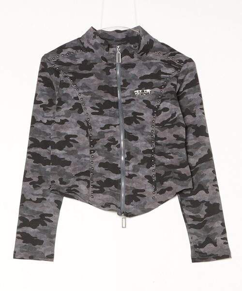.KOM(ドットコム)の「A'GEM/9 × .kom 『.kom/ドットケーオーエム』Studded Camo Cropped Zip Top/Y2K スタッズカモクロップドジップトップス(その他トップス・レディース・チャコールグレー/グリーン・FREE)」の15枚目の写真