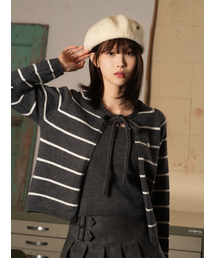 THE GREEN LAB（ザグリーンラボ）の「Striped Ribbon Cardigan Set [Charcoal Gray]（カーディガン/ボレロ）」