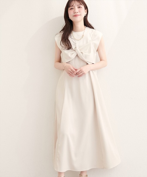 natural couture（ナチュラルクチュール）の「〈osono〉ねじりリボンキャミワンピース（ワンピース・レディース・ブラック/アイボリー/グレー・MEDIUM/LARGE）」の13枚目の写真