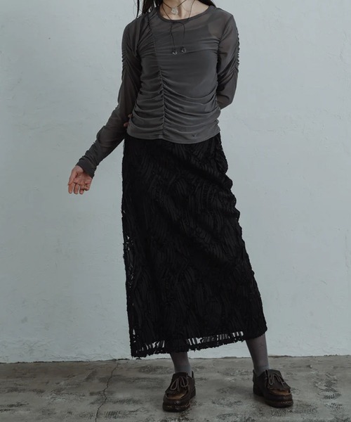 merrylatte(メリーラテ)の「line lace straight skirt(スカート・レディース・ブラック・FREE)」の2枚目の写真