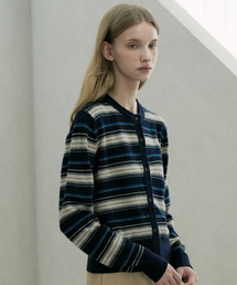 Merino Wool 100% Round Striped Knit Cardigan (navy)