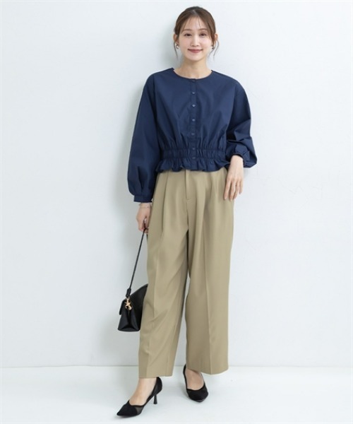 Petitjo(プッチージョ)の「小さいサイズ クルーネック裾シャーリングブラウス 低身長さん・小柄女性(シャツ/ブラウス・レディース・ネイビー/ストライプ・PL/PM/PS/PSS)」の7枚目の写真
