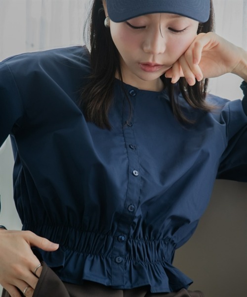 Petitjo(プッチージョ)の「小さいサイズ クルーネック裾シャーリングブラウス 低身長さん・小柄女性(シャツ/ブラウス・レディース・ネイビー/ストライプ・PL/PM/PS/PSS)」の18枚目の写真