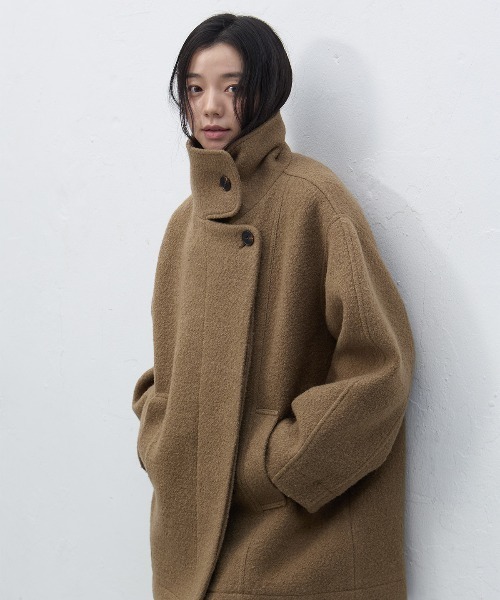 GENERAL IDEA（ジェネラルアイデア）の「wool boucle half-coat ウールブークレハーフコート（ステンカラーコート・レディース・ライトカーキ/チャコール・L/M/S）」の8枚目の写真