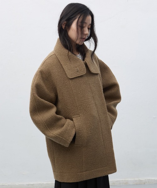 GENERAL IDEA（ジェネラルアイデア）の「wool boucle half-coat ウールブークレハーフコート（ステンカラーコート・レディース・ライトカーキ/チャコール・L/M/S）」の9枚目の写真