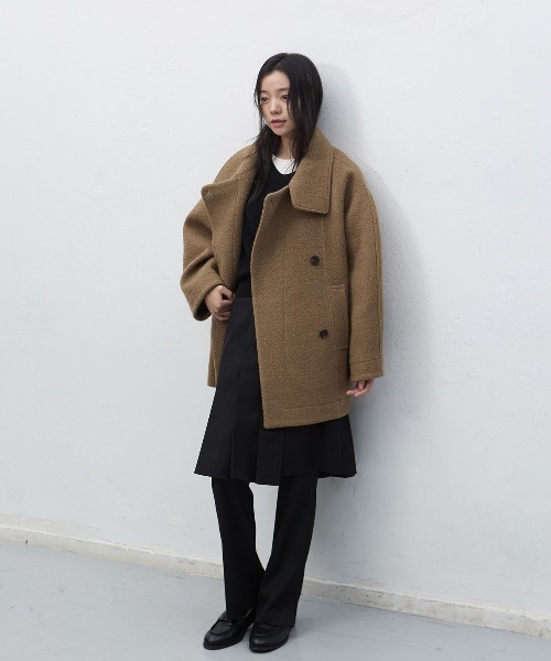 GENERAL IDEA（ジェネラルアイデア）の「wool boucle half-coat ウールブークレハーフコート（ステンカラーコート・レディース・ライトカーキ/チャコール・L/M/S）」の11枚目の写真