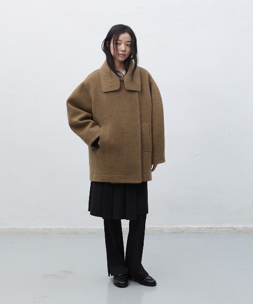GENERAL IDEA（ジェネラルアイデア）の「wool boucle half-coat ウールブークレハーフコート（ステンカラーコート・レディース・ライトカーキ/チャコール・L/M/S）」の10枚目の写真