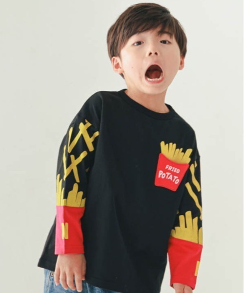 A BAG OF CHIPS（アバッグオブチップス）の「nicohrat/ニコフラート ポテト袖ロングＴシャツ（Tシャツ/カットソー・キッズ・サックスブルー/ブラック/オフホワイト・90cm/100cm/110cm/120cm/130cm/140cm）」の2枚目の写真
