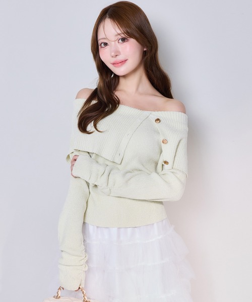 one after another NICE CLAUP(ワンアフターアナザーナイスクラップ)の「オフショルニット(ニット/セーター・レディース・アイボリー/サックスブルー/チャコールグレー/ピンク/イエロー・FREE)」の1枚目の写真