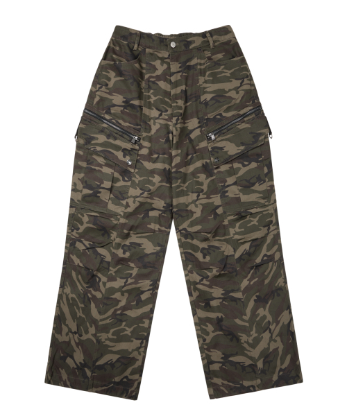 Knee Pin-Tuck Camo Zippered Cargo Pants (Khaki)（その他パンツ