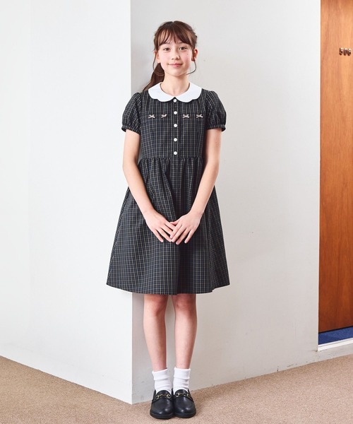セール】【ジュニア】ダークチェックミニリボンワンピース（140cm