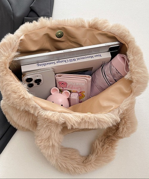 shoppinggo（ショッピングゴー）の「ファーバッグ ふわふわ ミニトートバッグ もこもこ（トートバッグ・レディース・ホワイト/ピンク/ベージュ/グレー・FREE）」の7枚目の写真