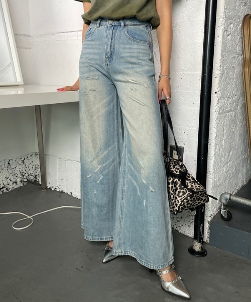 ダメージ加工ワイドデニムパンツ（デニムパンツ）｜ROGER AND RAW