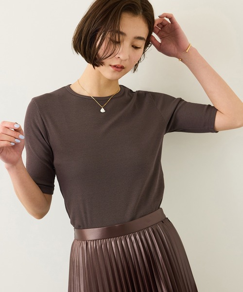ROPE'(ロペ)の「コンフォートリブハーフスリーブカットソー(5分袖)/イージーケア・接触冷感(Tシャツ/カットソー・レディース・ブラック/サックスブルー/ブラウン・FREE)」の3枚目の写真