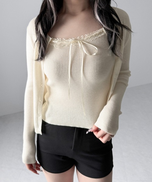 me+em select(ミームセレクト)の「【 2点セット 】リボンリブニットキャミソール + カーディガンセット / ribbon rib knit camisole + cardigan set(アンサンブル・レディース・ブラック/アイボリー/グレー・FREE)」の14枚目の写真