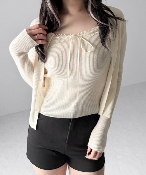 me+em select(ミームセレクト)の「【 2点セット 】リボンリブニットキャミソール + カーディガンセット / ribbon rib knit camisole + cardigan set(アンサンブル・レディース・ブラック/アイボリー/グレー・FREE)」の13枚目の写真