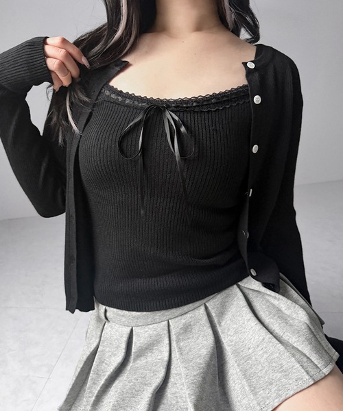 me+em select(ミームセレクト)の「【 2点セット 】リボンリブニットキャミソール + カーディガンセット / ribbon rib knit camisole + cardigan set(アンサンブル・レディース・ブラック/アイボリー/グレー・FREE)」の21枚目の写真