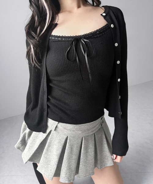 me+em select(ミームセレクト)の「【 2点セット 】リボンリブニットキャミソール + カーディガンセット / ribbon rib knit camisole + cardigan set(アンサンブル・レディース・ブラック/アイボリー/グレー・FREE)」の22枚目の写真