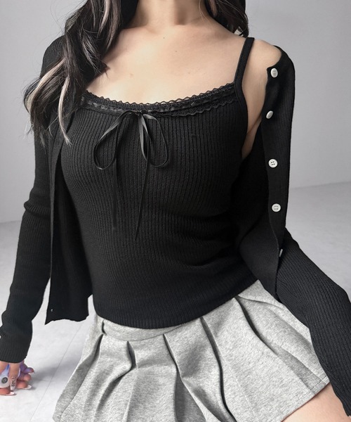me+em select(ミームセレクト)の「【 2点セット 】リボンリブニットキャミソール + カーディガンセット / ribbon rib knit camisole + cardigan set(アンサンブル・レディース・ブラック/アイボリー/グレー・FREE)」の20枚目の写真
